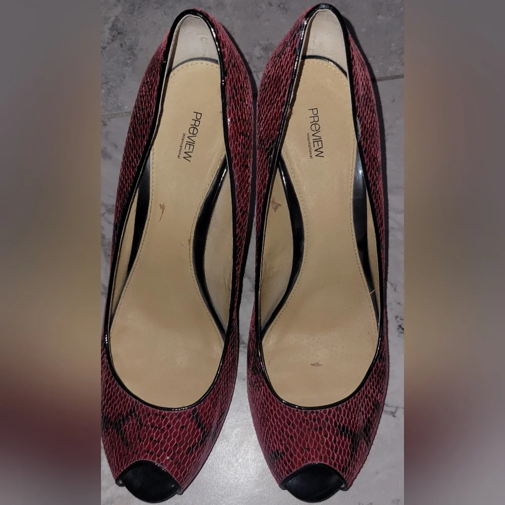 Preview International Leather‎ Red Black Snakeskin Peep Toe Heels Sz 11